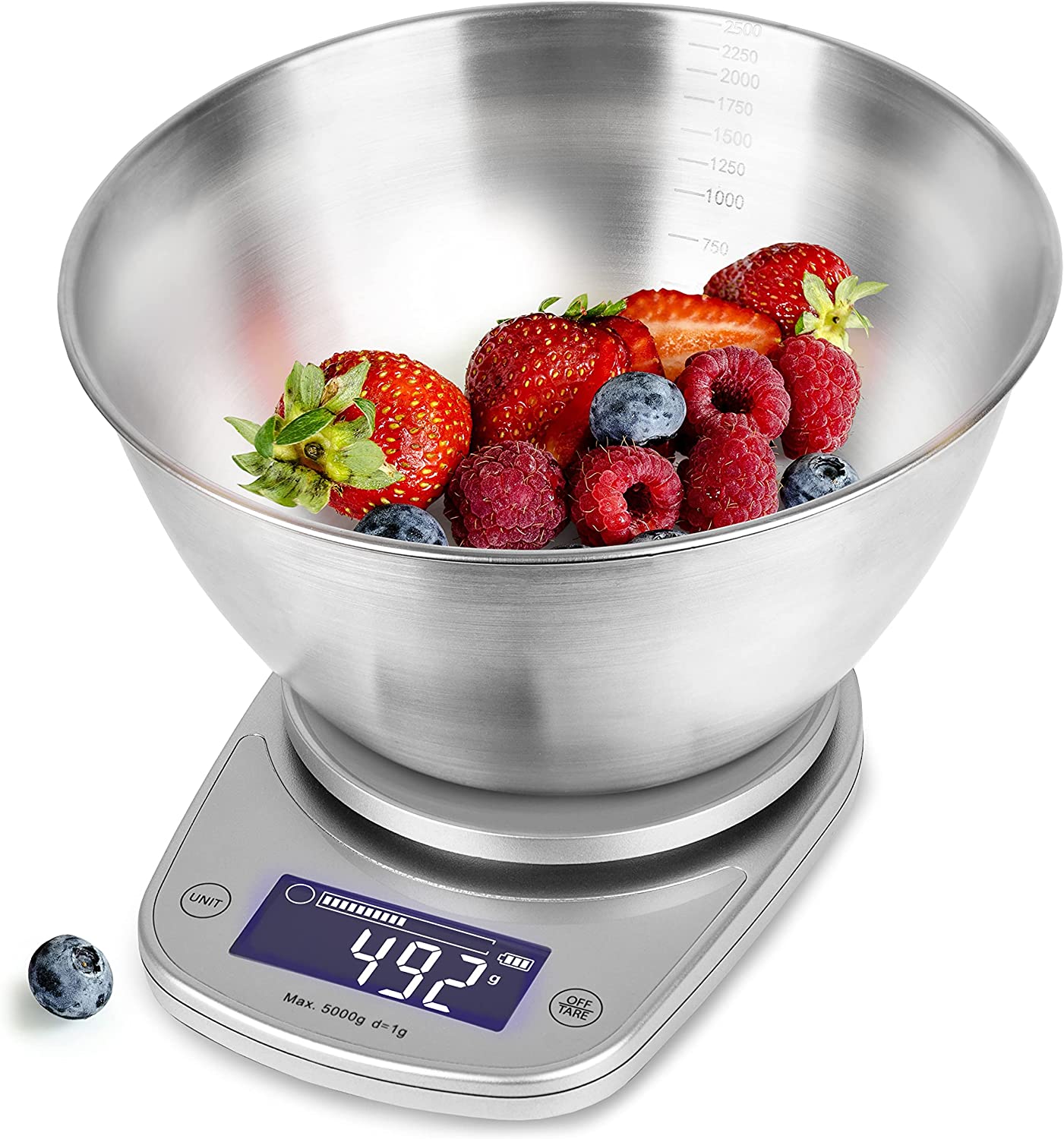 Duronic KS5000 SRSS Balance de Cuisine d'une capacité de 5 kg | Précision à 1 g | Bol en inox de 2.5 L inclus | Large écran LCD | Fonction d'ajout de poids TARE | Idéale pour la pâtisserie