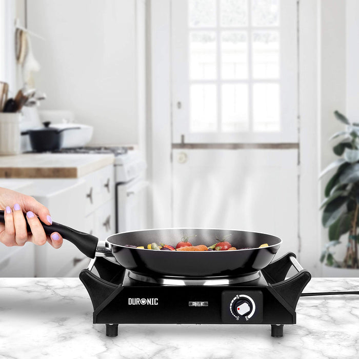 Duronic HP1 BK Plaque de cuisson chauffante électrique avec foyer en fonte de 20 cm | 1500W | Compacte et mobile | Poignées ergonomiques | Thermostat | Cuisinière pour camping, camping-car, caravane