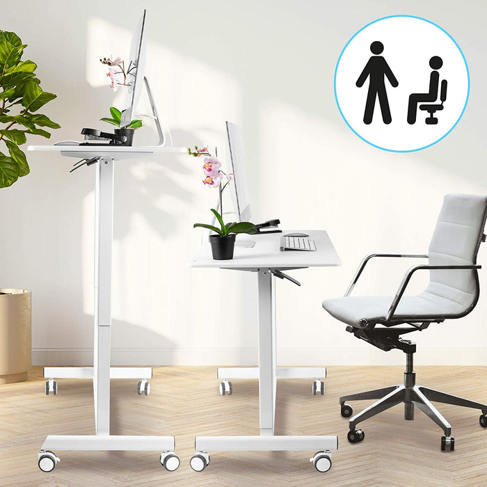 Duronic TM03T Poste de Travail mobile Assis-Debout | Hauteur ajustable de 73 à 107 cm | Surface de 88 x 50 cm | Charge maximale de 15 kg | Support à roulettes | Blanc