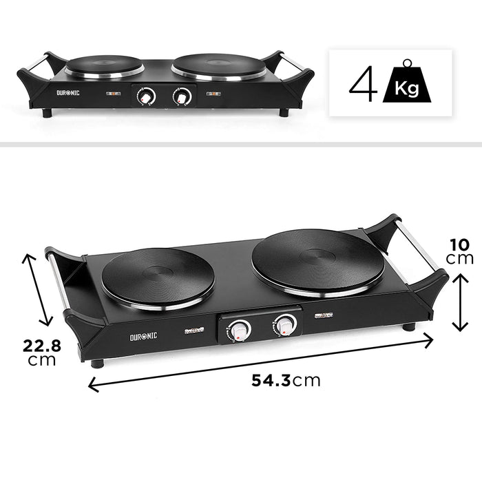 Duronic HP2 BK Plaque de cuisson chauffante électrique avec double foyer en fonte de 20 et 15 cm| 2500W | Compacte et mobile | Poignées ergonomiques | Thermostat | Camping, Camping-car, caravane