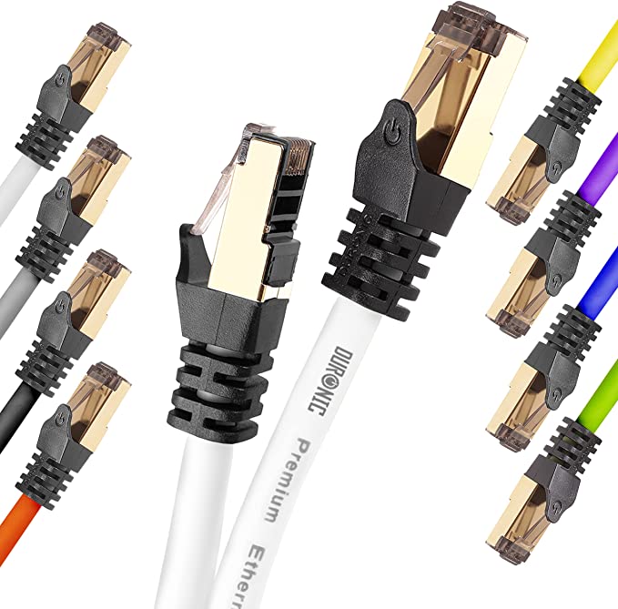 Duronic CAT8 WE Câble Ethernet 0,5 M Blanc | S/FTP paire torsadée écrantée et blindée | Bande passante 2GHz | Transmission des données 40 Gigabits | Connecteurs RJ45 en or avec manchon