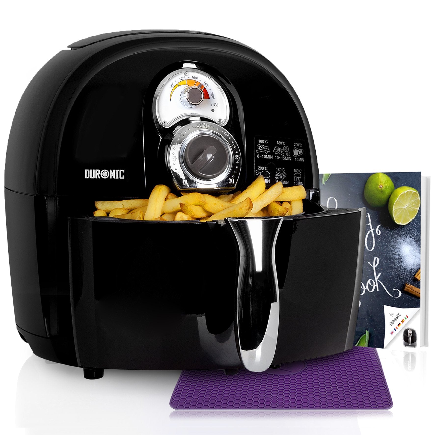 Duronic AF1 BK Friteuse à air chaud sans huile 1500W / robot multicuiseur pour frire, cuire, rôtir, griller sainement et sans matières grasses