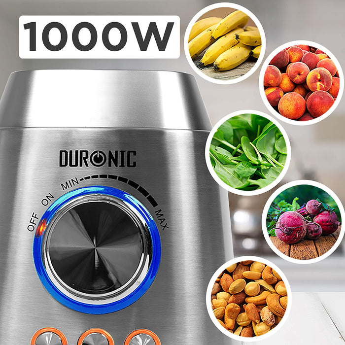 Duronic BL102 Blender / Mixeur électrique de 1000W en Inox | Carafe en verre de 1,5 Litre | 3 fonctions préenregistrées | Idéal pour smoothies, milkshakes, cocktails, glace pilée, fruits à coques