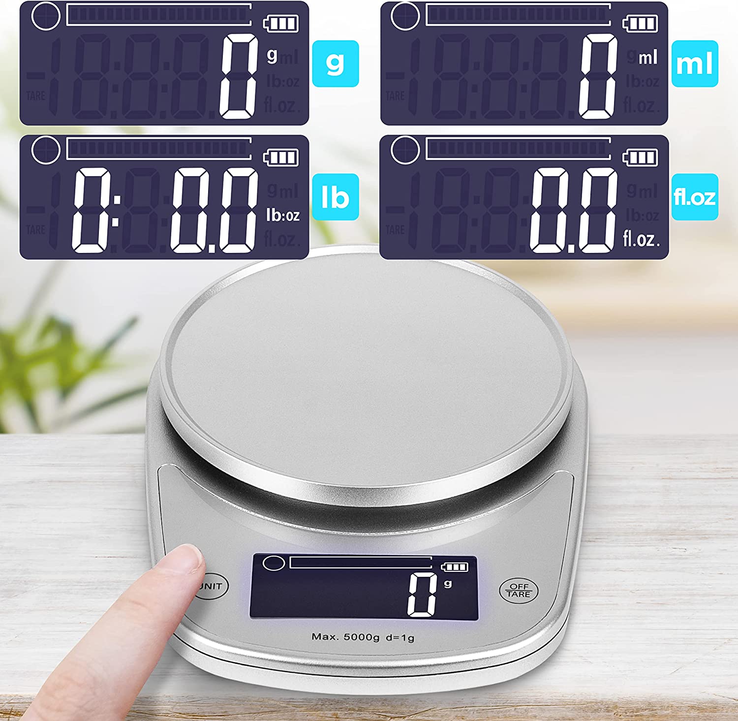 Duronic KS5000 SRSS Balance de Cuisine d'une capacité de 5 kg | Précision à 1 g | Bol en inox de 2.5 L inclus | Large écran LCD | Fonction d'ajout de poids TARE | Idéale pour la pâtisserie