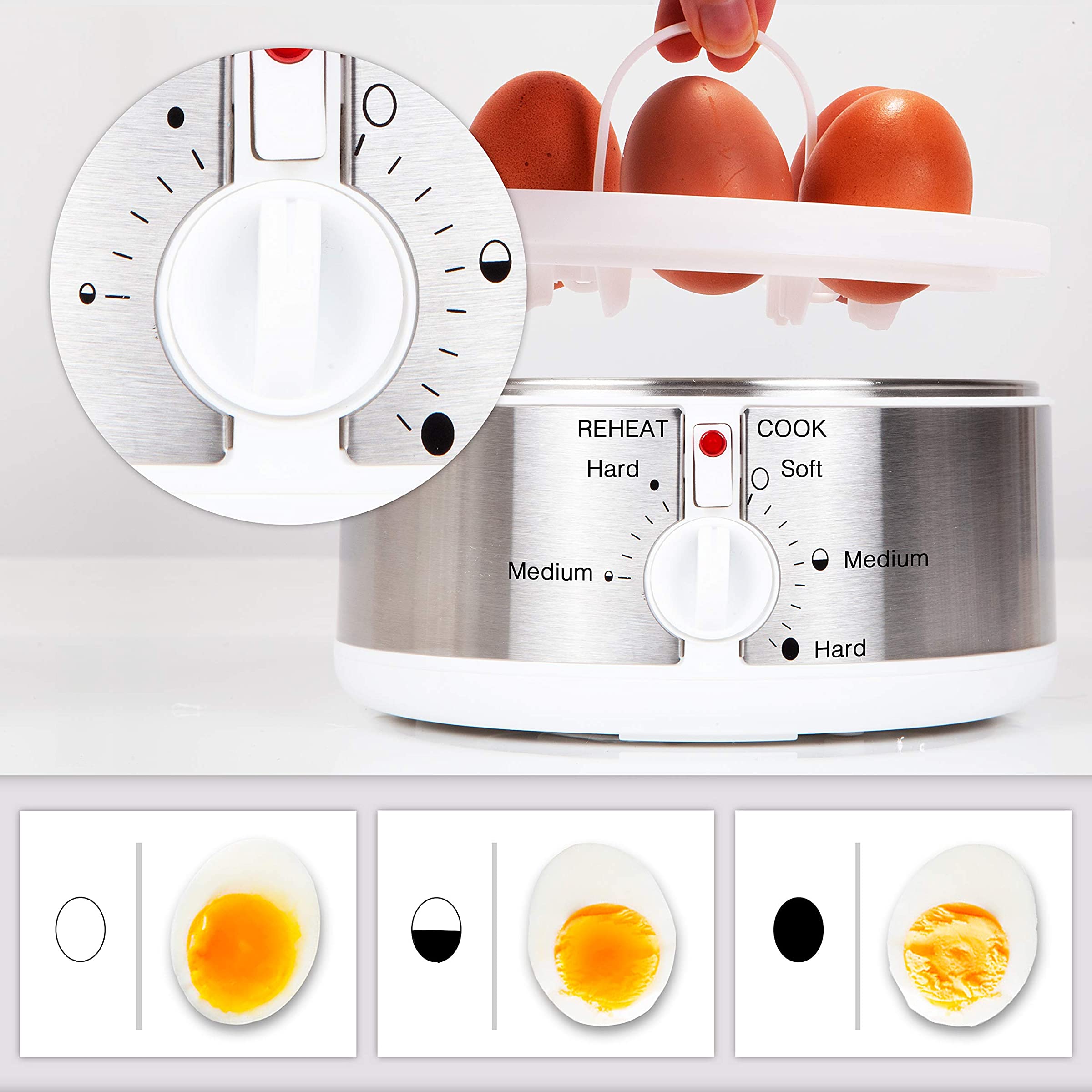 Duronic EB35 WE Cuiseur à oeufs De 1 à 7 oeufs Thermostat et minuteur pour obtenir oeufs durs ou mollets ou à la coque avec fonction dédiée pour préparer deux types de cuisson