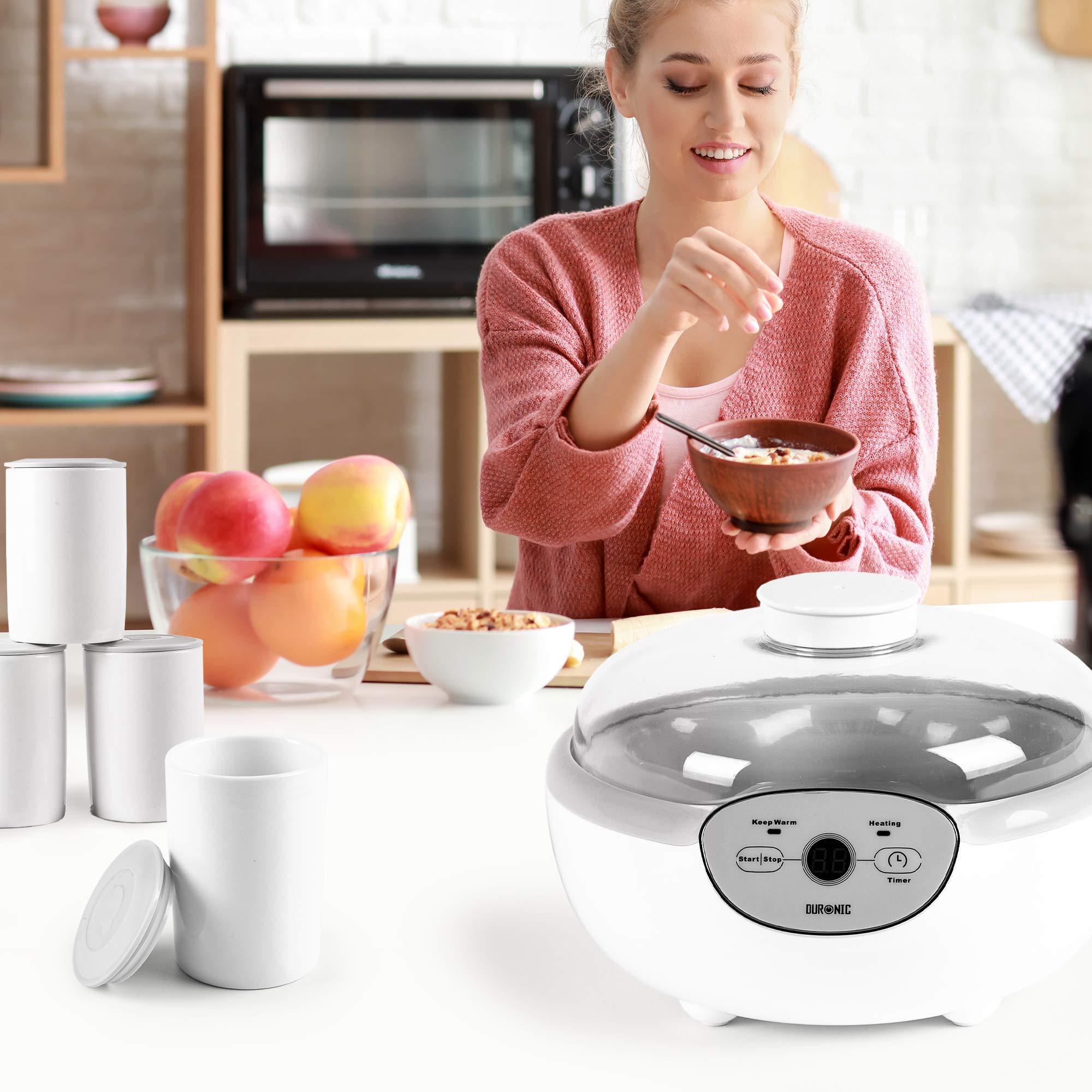 Duronic YM2 Yaourtière électrique programmable 8 pots de 125 ml Machine à yaourt avec Thermostat et Pots en Céramique Préparer des yaourts et desserts faits-maison