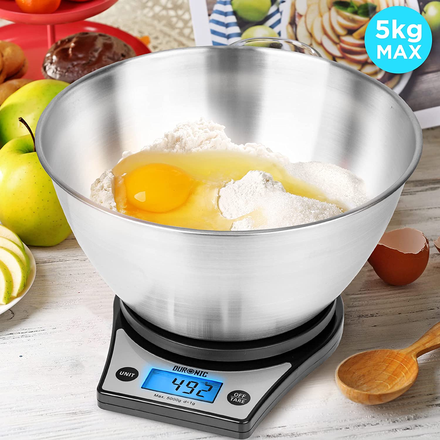 Duronic KS6000 BK/SS Balance de cuisine noire | Capacité de 5 kg | Large écran rétroéclairé | Bol en inox de 2,5 L inclus | Fonction d’ajout de poids | Précision à 1 g | Idéale pour la pâtisserie