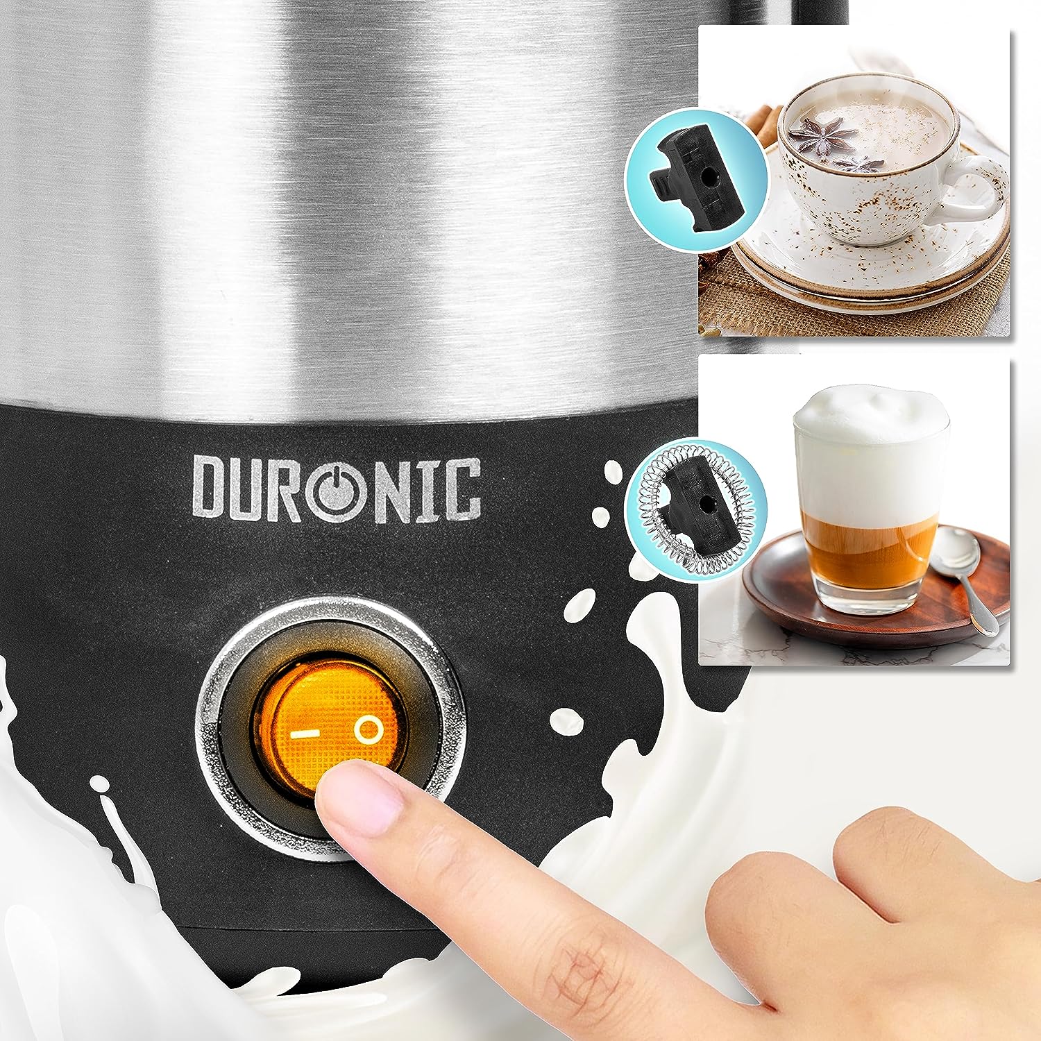 Duronic MF300 Mousseur à Lait électrique automatique 550W | Pour café cappuccino latte chocolat chaud thé | Mousse chaude ou froide et lait chaud | Capacité 400 ml | Pot en inox