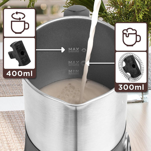 Duronic MF300 Mousseur à Lait électrique automatique 550W | Pour café cappuccino latte chocolat chaud thé | Mousse chaude ou froide et lait chaud | Capacité 400 ml | Pot en inox