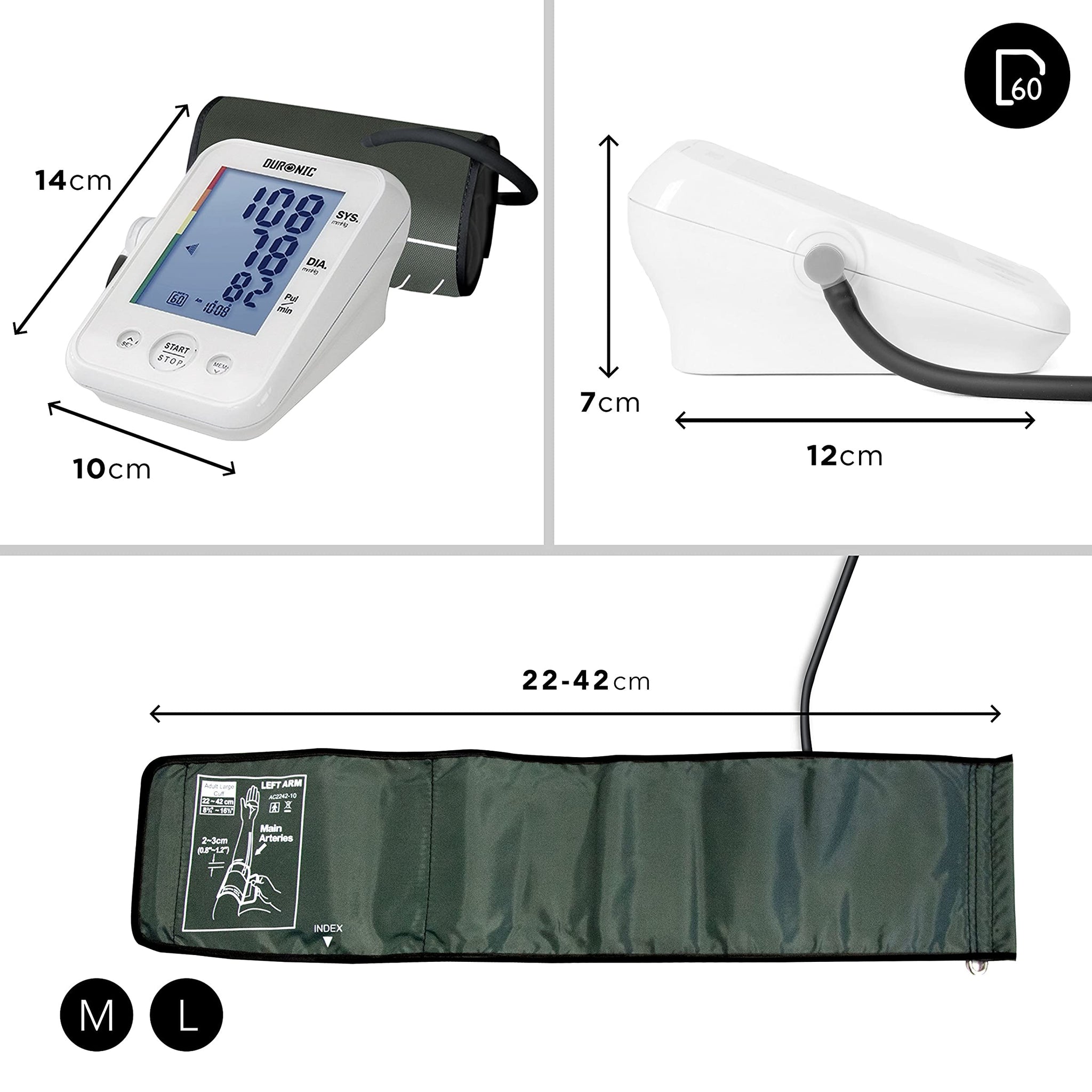 Duronic BPM150 Tensiomètre électronique pour bras avec brassard ajustable 22-42 cm - Mesure automatique de la tension artérielle - Certifié Médicalement - Large écran LCD