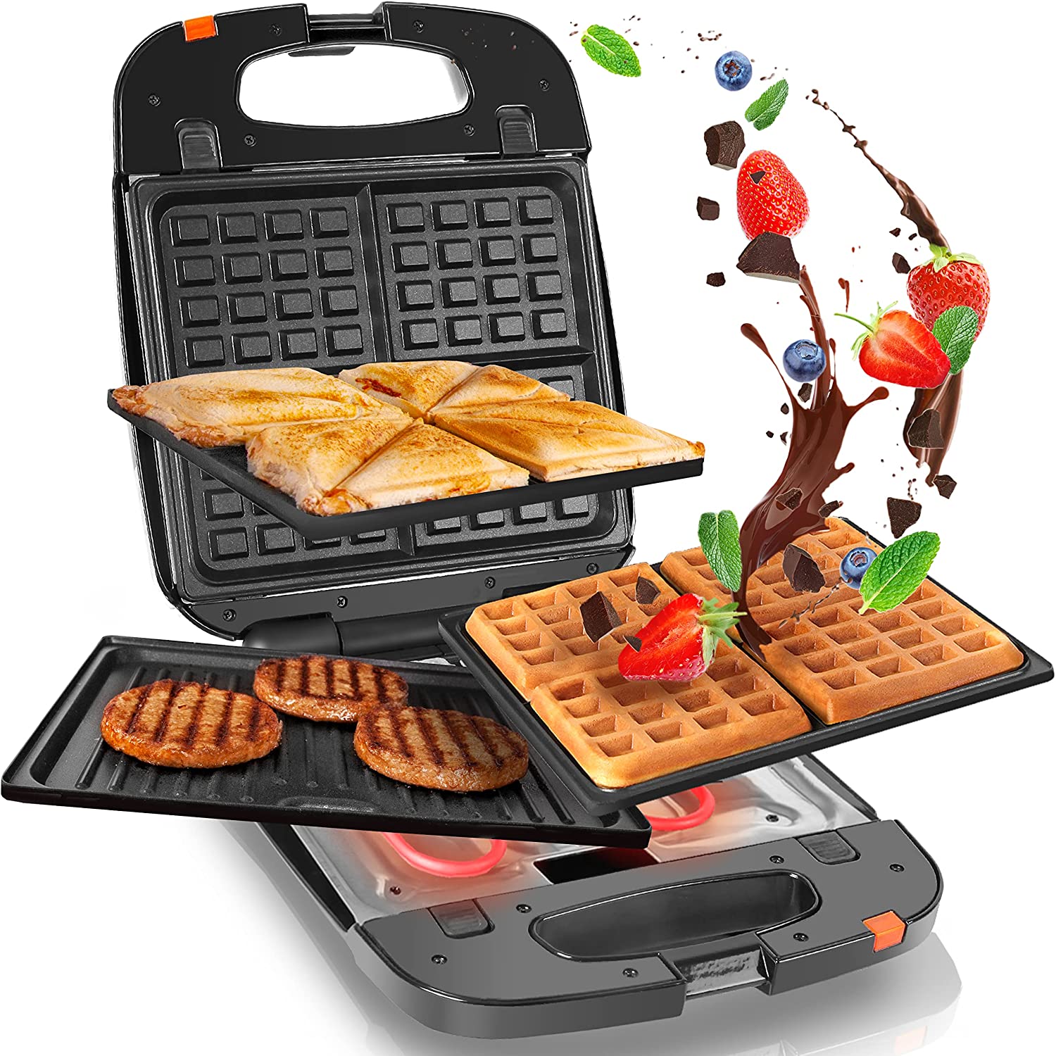 Duronic SWM60 Gaufrier, Toaster et Grill Electrique 3 en 1 – Plaques de cuisson antiadhésives détachables – 4 gaufres – 4 sandwichs ou toasts – Grill pour viandes et légumes – 1200W – Poignée thermo-isolante
