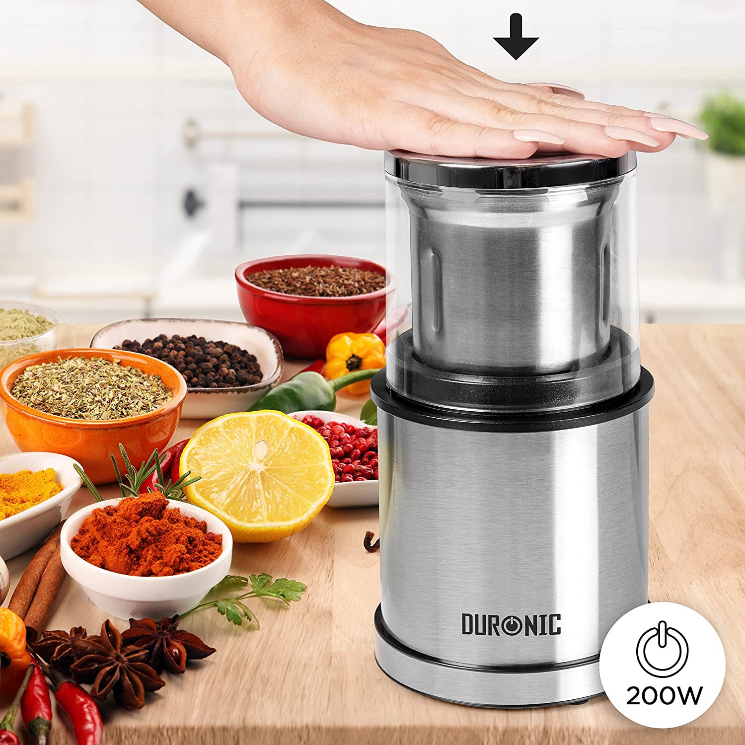 Duronic CG421 Moulin à café et épices électrique 2 en 1 – Moulin pour Ingrédients secs et humides – 200W – 2 récipients en inox – Capacité de 75 g / 220 ml – Moulin pour Herbes, Epices, Café