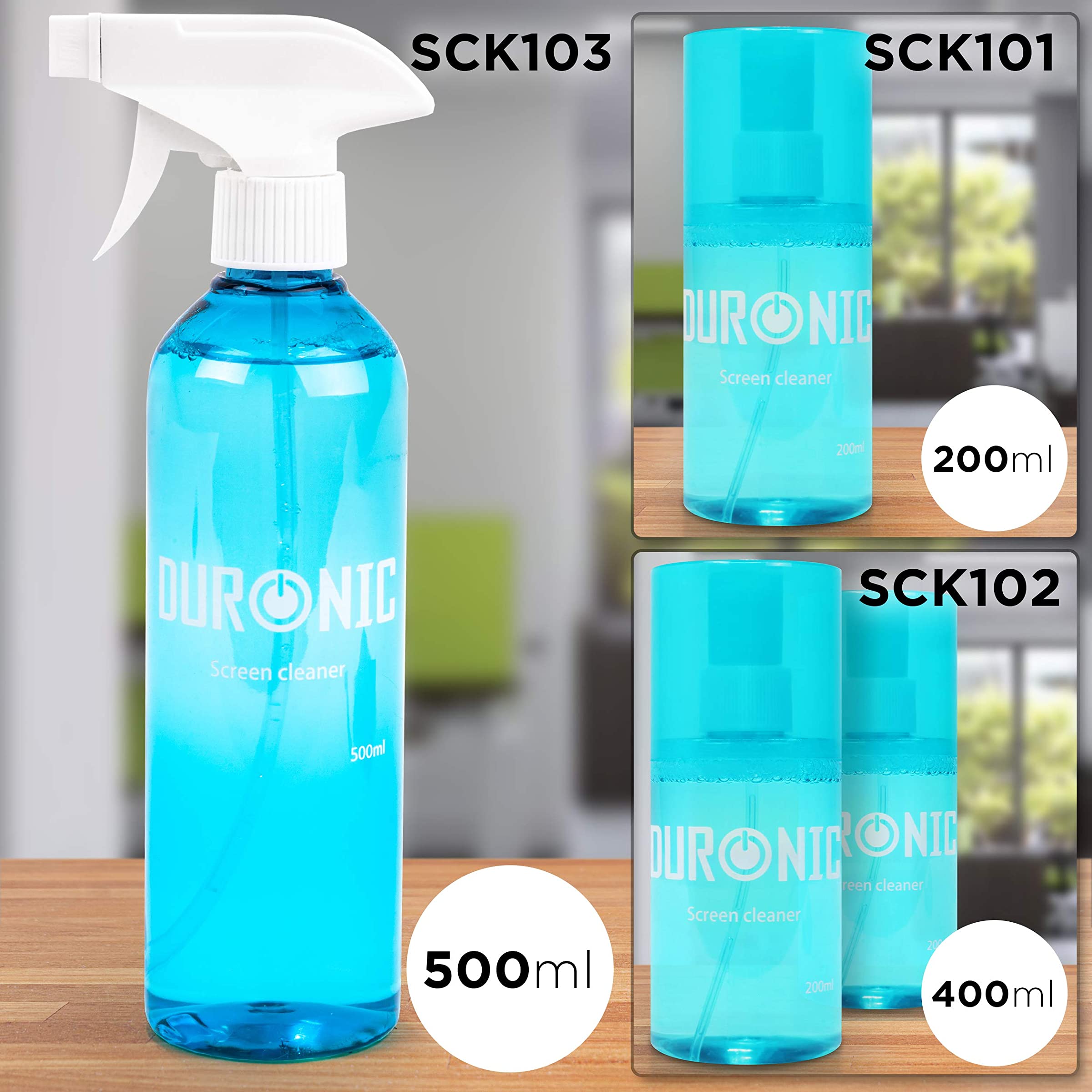 Nettoyant d’écran Duronic disponible en formats de 200, 400 et 500 ml